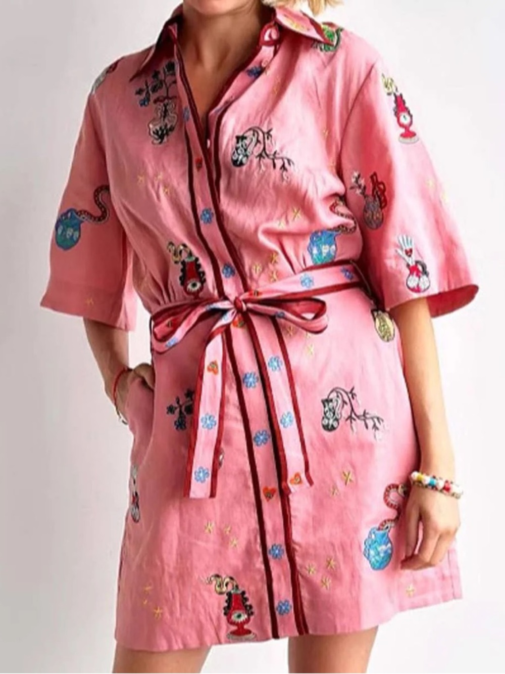 Pink Embroidered Tie-Waist Mini Dress